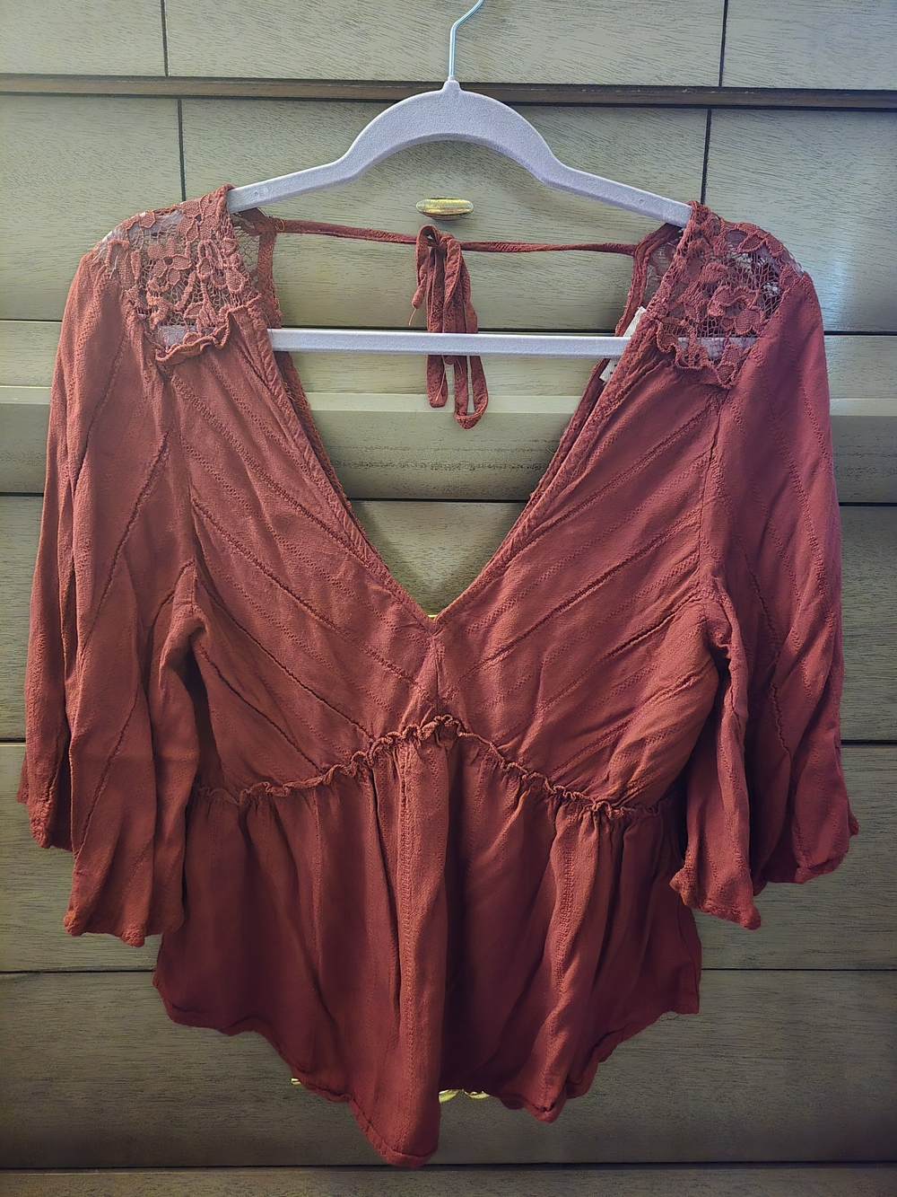Women's Lace-Accent Rust V-Neck Peplum Blouse
